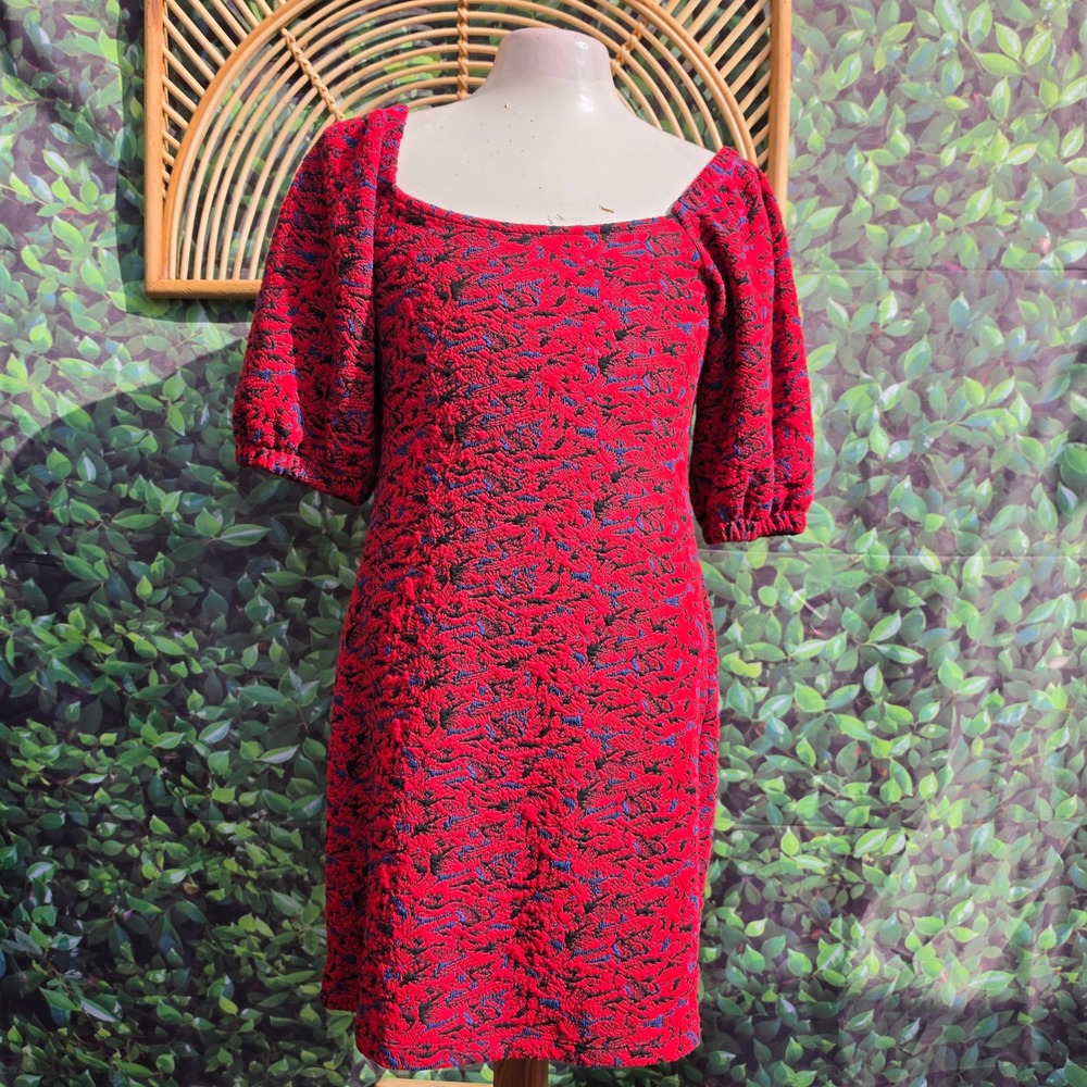 Free People Red Blue Textured Knit Puff Sleeve Square Neck Mini Dress Small